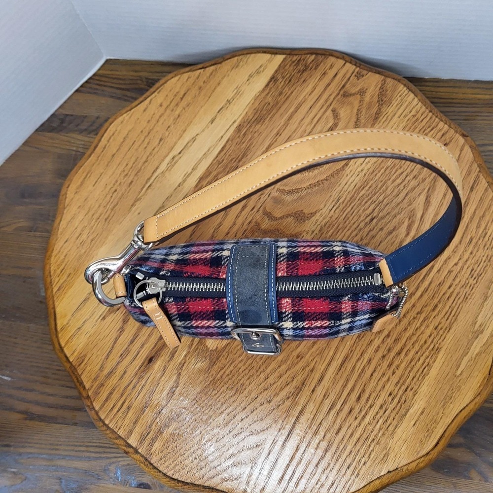 Coach Red and Navy Plaid Wool Satchel with Leather Trim - Picture 9 of 16